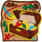 A treasure map with an open treasure chest on it. Inside the chest are gemstones and gold coins.
