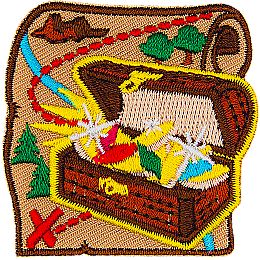 A treasure map with an open treasure chest on it. Inside the chest are gemstones and gold coins.