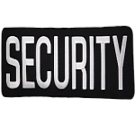 A black rectangle has the word SECURITY embroidered in white thread.