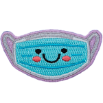 A blue mask has a kawaii face consisting of two black dots for its eyes; a big U forms a smile, and pink blush colours the mask's cheeks.