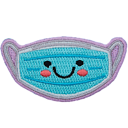 A blue mask has a kawaii face consisting of two black dots for its eyes; a big U forms a smile, and pink blush colours the mask's cheeks.