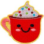 A red mug of cocoa is topped with whipped cream and sprinkles. The mug has dots for eyes and a big U-shaped smile.