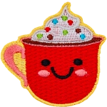 A red mug of cocoa is topped with whipped cream and sprinkles. The mug has dots for eyes and a big U-shaped smile.