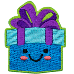 A blue gift box with a big purple bow has dots for eyes and a big U-shaped smile.