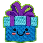 A blue gift box with a big purple bow has dots for eyes and a big U-shaped smile.