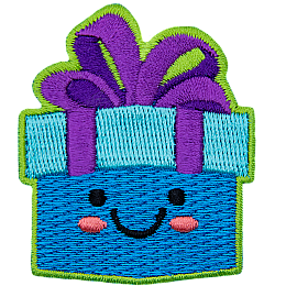 A blue gift box with a big purple bow has dots for eyes and a big U-shaped smile.