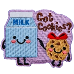 A small milk carton and a chocolate chip cookie stand hand in hand. The text Got Cookies? sits in the top right of the crest.
