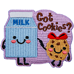 A small milk carton and a chocolate chip cookie stand hand in hand. The text Got Cookies? sits in the top right of the crest.