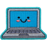 A cute laptop smiles in a big U shape. Two black dots make its eyes, and pink blush colours the laptop's cheeks.