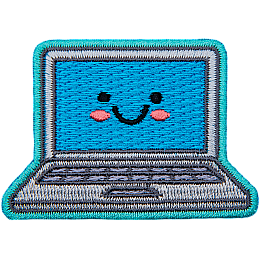 A cute laptop smiles in a big U shape. Two black dots make its eyes, and pink blush colours the laptop's cheeks.