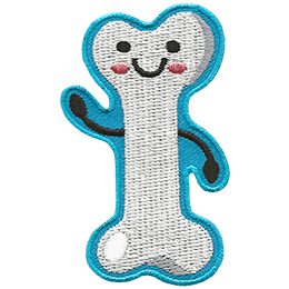 A cartoon bone with a kawaii face waves.