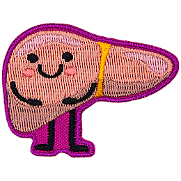 A liver with a kawaii-style face stands ready to educate.