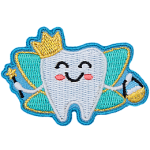 A happy fairy-winged tooth wears a crown and holds both a star wand and a basket full of teeth.