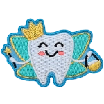 A happy fairy-winged tooth wears a crown and holds both a star wand and a basket full of teeth.