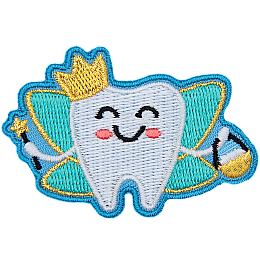 A happy fairy-winged tooth wears a crown and holds both a star wand and a basket full of teeth.