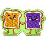 Two pieces of toast with peanut butter and jelly holding hands with kawaii faces.