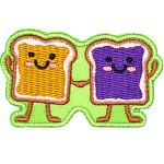 Two pieces of toast with peanut butter and jelly holding hands with kawaii faces.