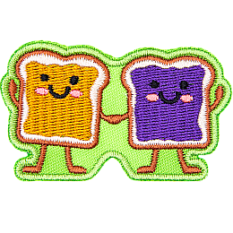 Two pieces of toast with peanut butter and jelly holding hands with kawaii faces.