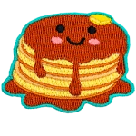 A stack of syrup-covered pancakes with a kawaii face.