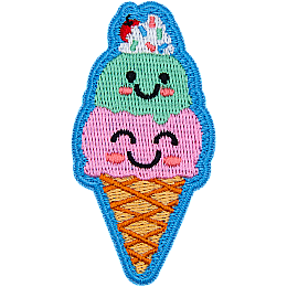 Mint and strawberry ice cream scoops stacked on top of each other with adorable kawaii smiles.