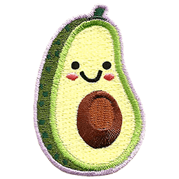 An avocado is sliced in half, exposing the inner pit. The avocado has a happy smile on its face.