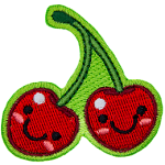 Two red cherries are attached together at the stems. Both cherries have dots for eyes and a big U-shaped smile.