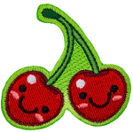 Two red cherries are attached together at the stems. Both cherries have dots for eyes and a big U-shaped smile.