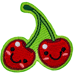 Two red cherries are attached together at the stems. Both cherries have dots for eyes and a big U-shaped smile.