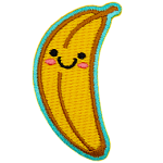 A banana stands upright. Two black dots make its eyes; a big U forms a smile, and pink blush colours the banana's cheeks.