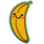 A banana stands upright. Two black dots make its eyes; a big U forms a smile, and pink blush colours the banana's cheeks.