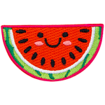 A cute watermelon slice has dots for the eyes and a big U-shaped smile.