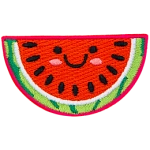 A cute watermelon slice has dots for the eyes and a big U-shaped smile.