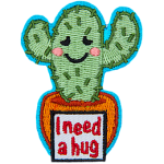 A two-armed cactus has an embarrassed smile as the sign in front of its pot reads I need a hug.