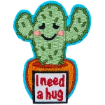 A two-armed cactus has an embarrassed smile as the sign in front of its pot reads I need a hug.