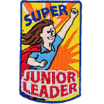 A person in a red cape and blue shirt with their fist raised. The words Super Junior Leader are above and below.