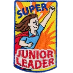 A person in a red cape and blue shirt with their fist raised. The words Super Junior Leader are above and below.
