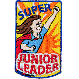 A person in a red cape and blue shirt with their fist raised. The words Super Junior Leader are above and below.