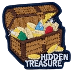 wooden treasure with lid open showing treasure inside, words underneath say Hidden Treasure