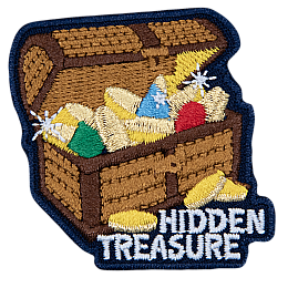 wooden treasure with lid open showing treasure inside, words underneath say Hidden Treasure