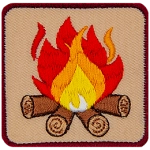 A campfire made out of red, orange and yellow flames and four logs.