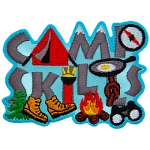 The words Camp Skills are made up of grey lettering and various camp activities such as hiking boots and a tent.