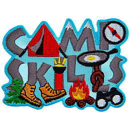 The words Camp Skills are made up of grey lettering and various camp activities such as hiking boots and a tent.
