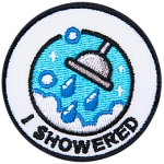 A shower head spraying water and surrounded by steam is above the words I Showered.