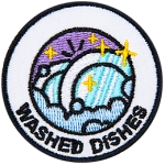 Two plates are in soapy water. The words Washed Dishes are underneath.