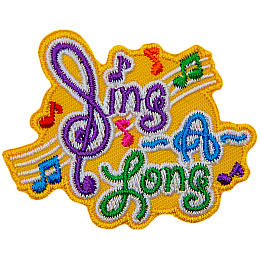 The words Sing A Long with music bars and notes in the background. The S in Sing is a backwards treble-clef.