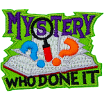 A book flutters open with two question marks and a magnifying glass popping out. The word Mystery Who Done It frame the book.