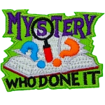 A book flutters open with two question marks and a magnifying glass popping out. The word Mystery Who Done It frame the book.