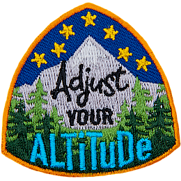 Stars sit above a mountain peak and forest. The text Adjust Your Altitude is in the center of the crest.