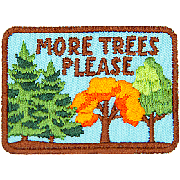 Four trees stand proudly next to each other underneath the words More Trees Please.