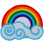 A bright rainbow arcs above a swirling cloud. The colours from the outside of the arc toward the middle are: red, orange, yellow, green, blue, and violet. 